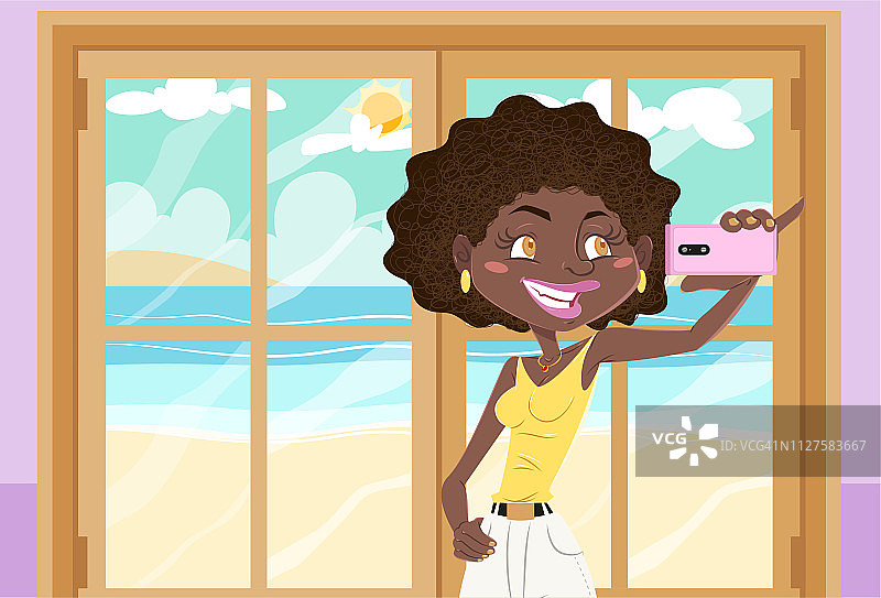 一个黑人女孩在沙滩上自拍图片素材