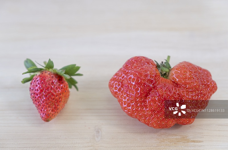 两颗草莓分开，大的和小的放在木桌上图片素材