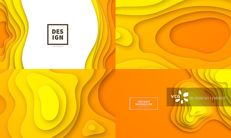 一套剪纸背景。橙色黄色抽象波浪形状-时髦的3D设计图片素材