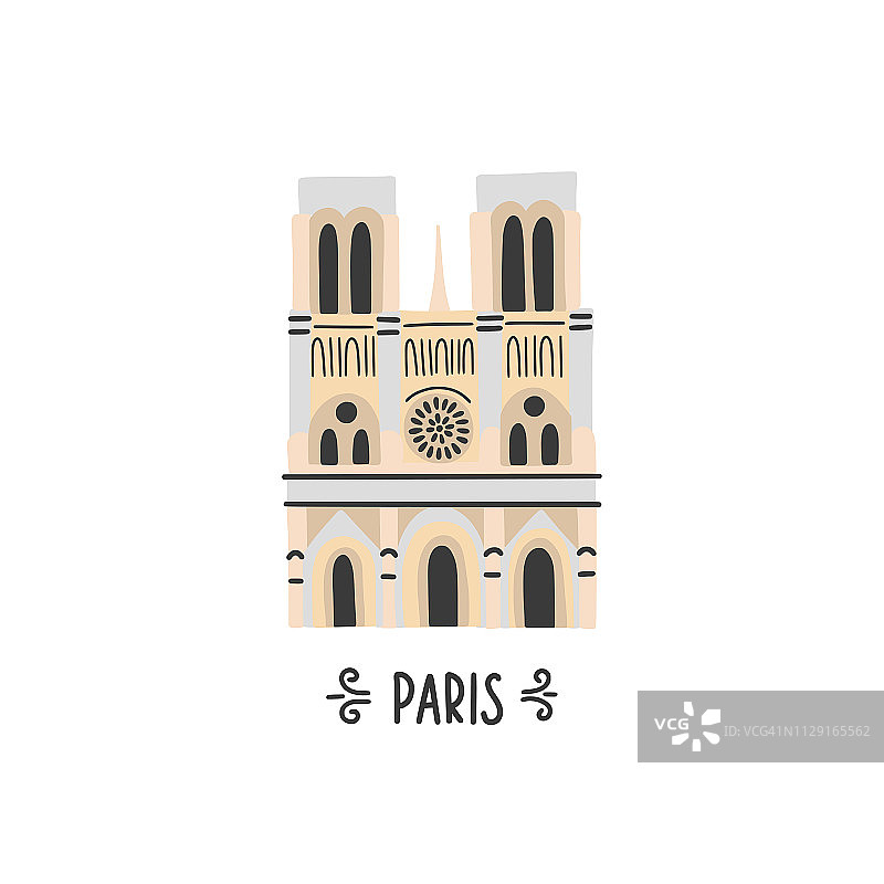 白色背景上的巴黎向量建筑。巴黎圣母院可爱的手绘插图。去法国旅游图片素材