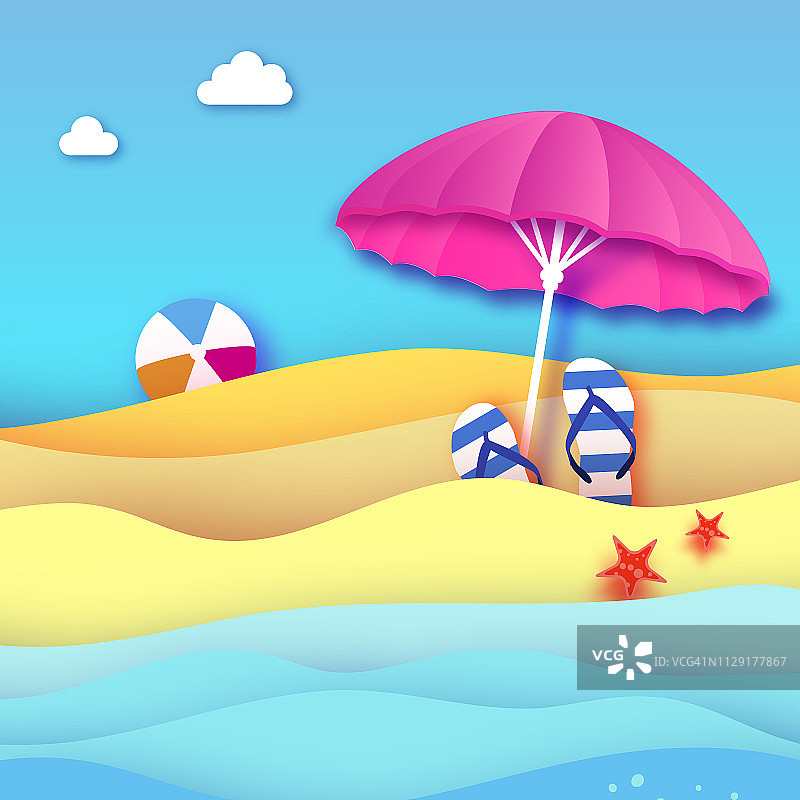 剪纸风格的粉红色阳伞。折纸的大海和海滩。运动球游戏。人字拖的鞋子。度假和旅行的概念。图片素材