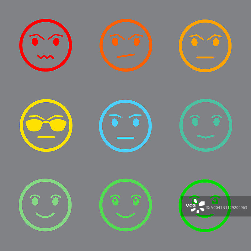九种颜色的脸反馈/情绪。设置九面比例-微笑中性悲伤孤立矢量插图在灰色背景。平面设计。矢量插图EPS10。图片素材