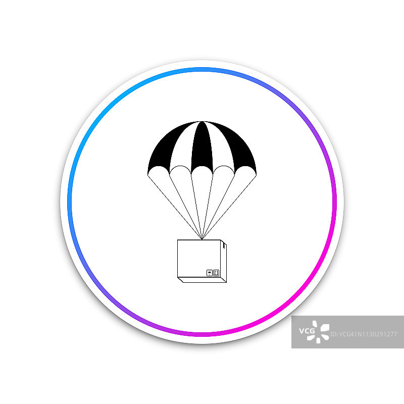 盒子飞行降落伞图标孤立在白色背景。降落伞包裹待运。送货服务，空运概念，奖金概念。圆形白色按钮。矢量图图片素材
