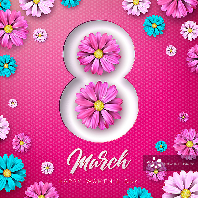 3月8日。妇女节快乐鲜花贺卡。国际节日插图与花卉设计在粉红色的背景。春天向量模板。图片素材