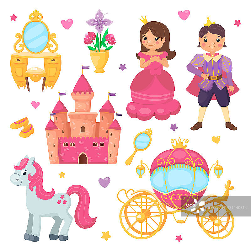 公主和王子的卡通场景。皇家收藏有漂亮的马车，可爱的城堡，可爱的粉红色鬃毛小马，镜子和花瓶的鲜花。矢量平面插图儿童。图片素材