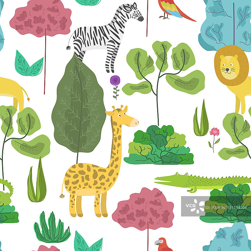 可爱的图案与卡通丛林动物在森林图片素材