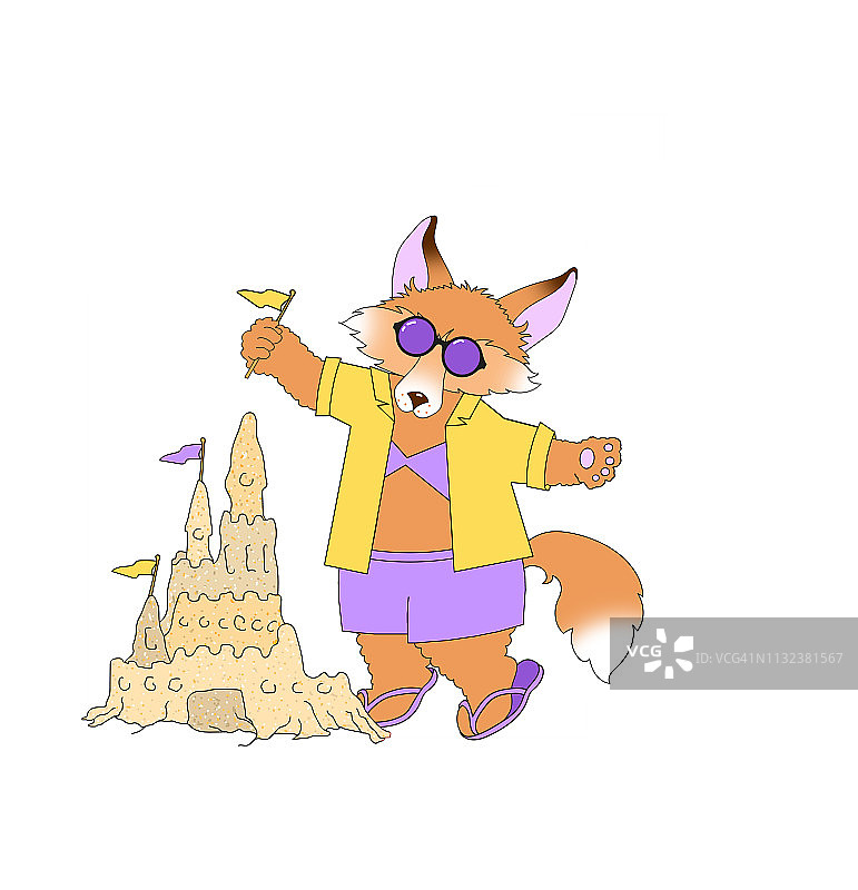 一只狐狸建造沙堡的插图图片素材