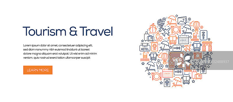 旅游和旅游横幅模板与线图标。现代矢量插图广告，标题，网站。图片素材