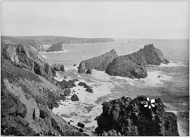 英格兰和威尔士的古董黑白照片:老蜥蜴头和金尼斯湾图片素材
