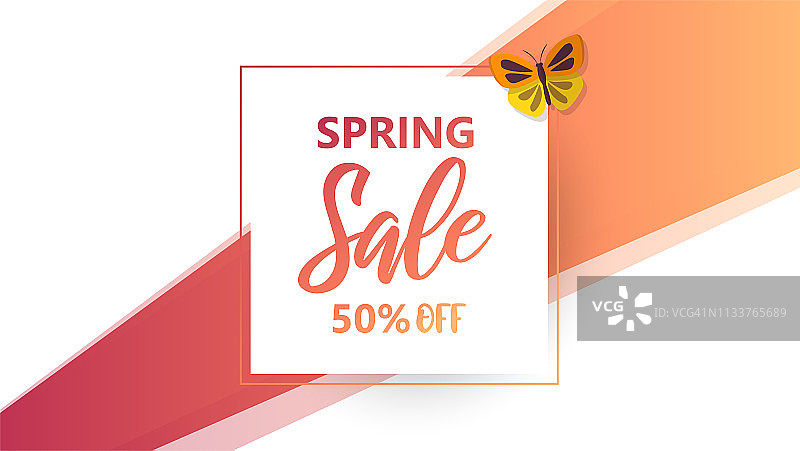 春季销售背景横幅上点缀着美丽多彩的蝴蝶。矢量插图。图片素材