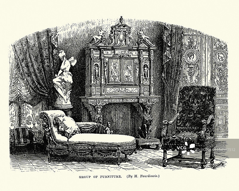 维多利亚时代的家具，躺椅，橱柜和扶手椅图片素材