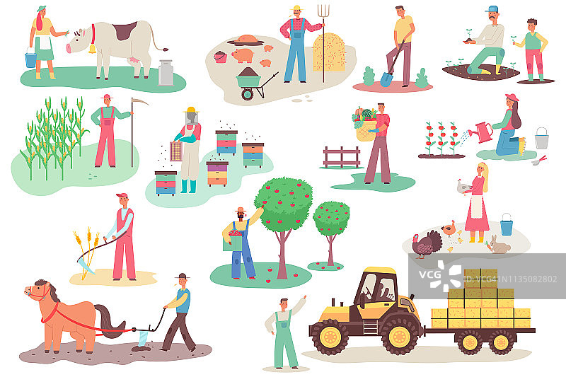 在农场工作的农民。男性和女性矢量卡通扁平人物设置在不同的行动孤立在白色背景。农业插图。图片素材