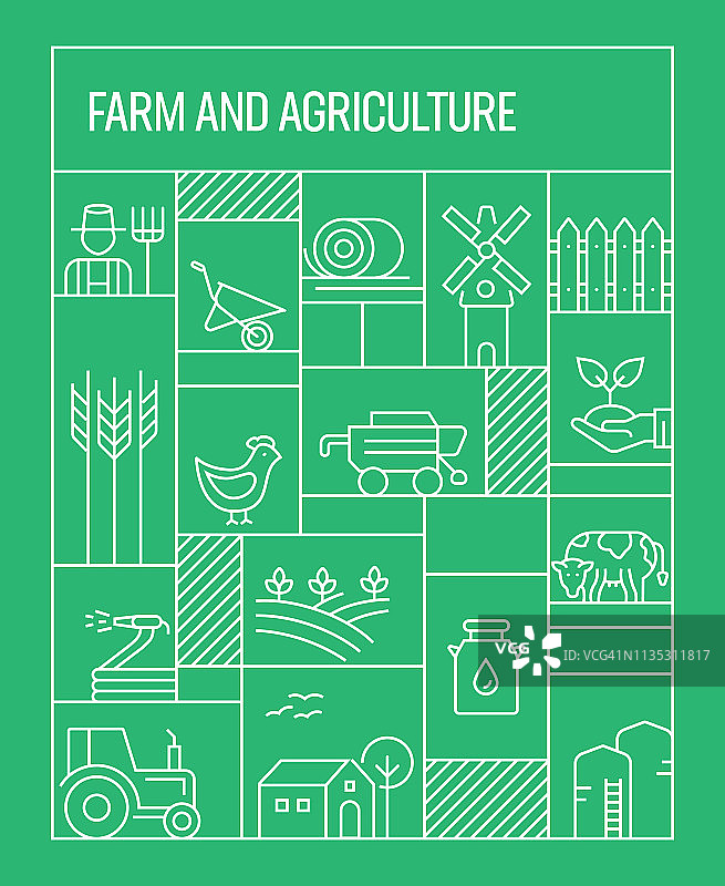 农场和农业概念。几何复古风格的旗帜和海报概念与农场和农业线图标图片素材