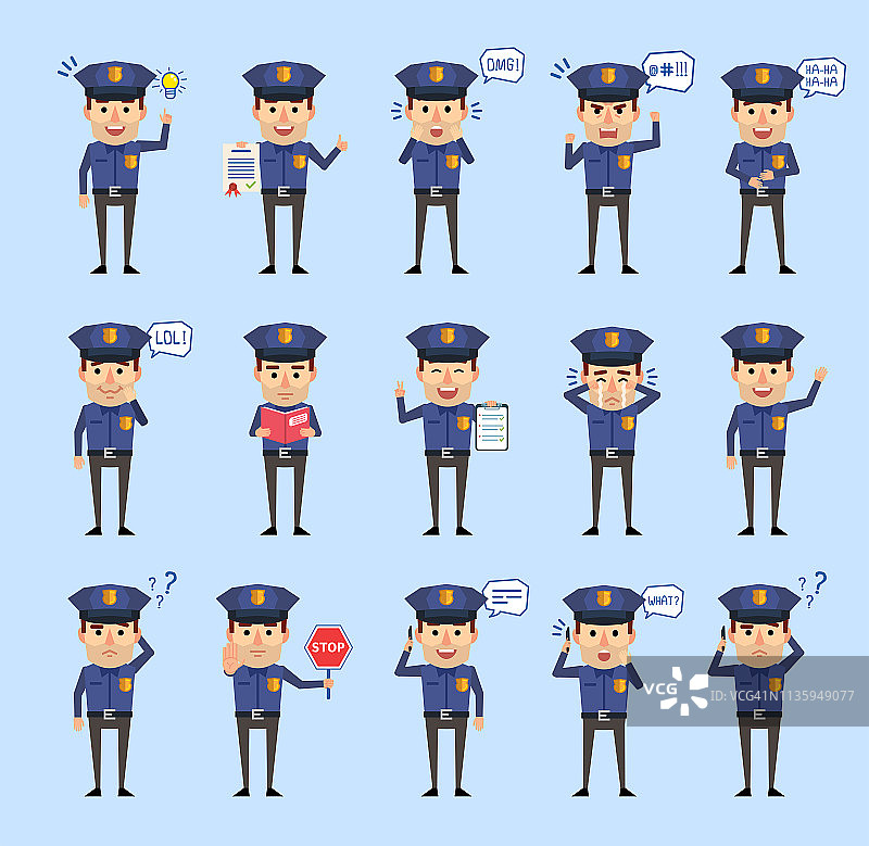 一套警察角色显示各种行动和情绪。有趣的警察打电话，笑，惊讶，生气和其他动作图片素材