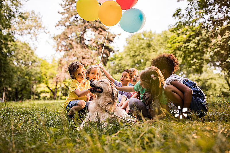 春天的一天，一大群孩子和金毛猎犬在户外玩耍。图片素材