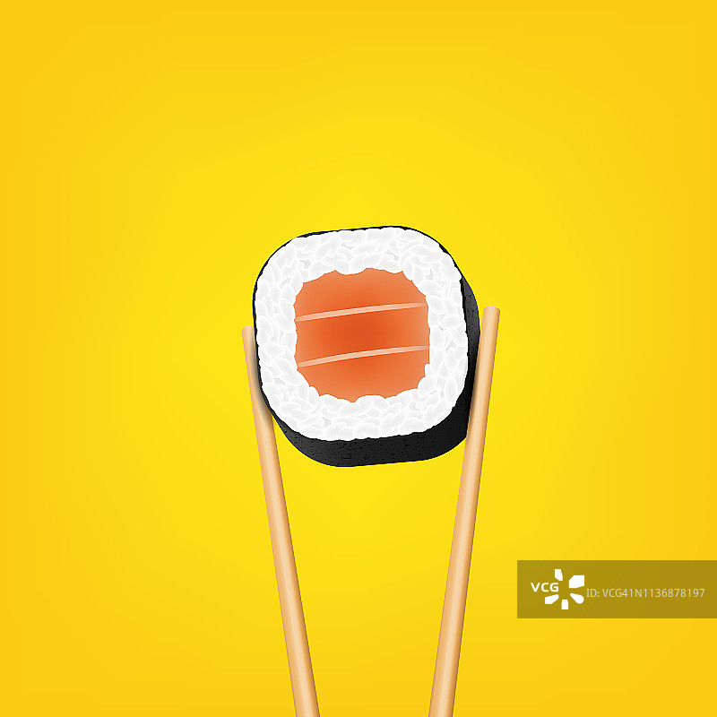 创造性的矢量插图筷子持有寿司鲑鱼片卷孤立在透明的背景。美术设计小吃模板。抽象概念餐厅、酒吧、商店菜单图形元素图片素材