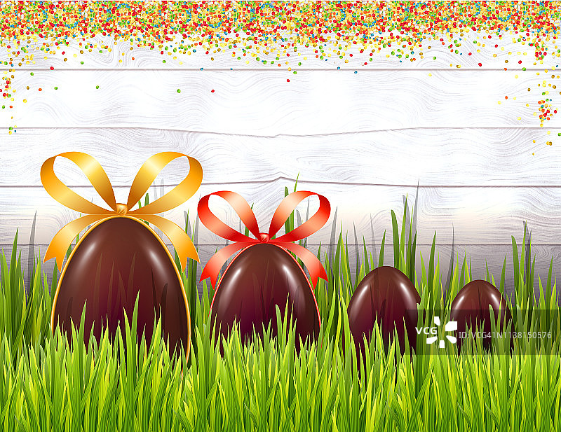 巧克力复活节彩蛋与蝴蝶结在白色的乡村木制背景与彩色糖粉或五彩纸屑。矢量图图片素材