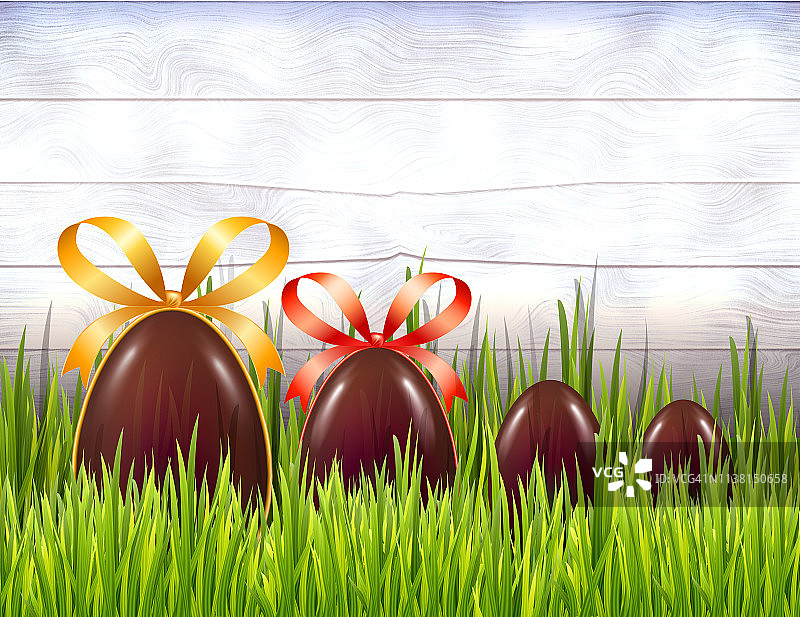 巧克力复活节彩蛋与丝带蝴蝶结在白色的乡村木制背景草。副本的空间。矢量图图片素材