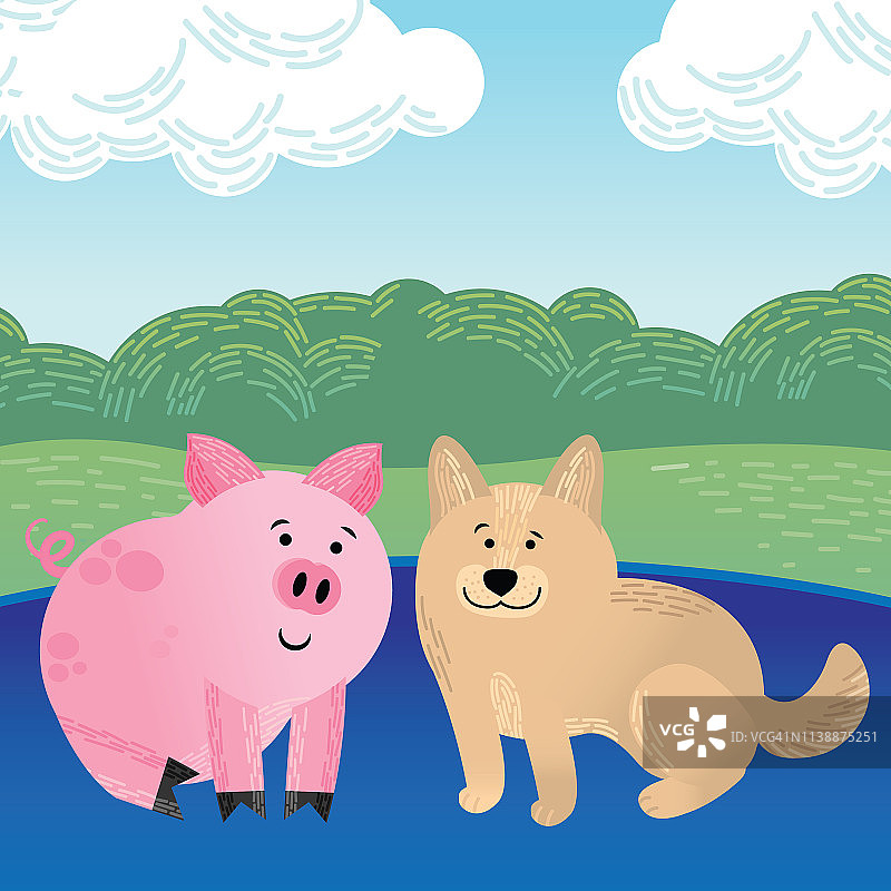 儿童卡通可爱的猪和狗玩。矢量插图。图片素材