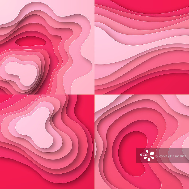 一套剪纸背景。红色，粉色抽象波浪形状-时尚的3D设计图片素材