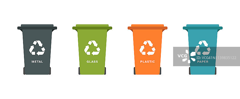 矢量彩色插图概念集垃圾桶与标志回收分离垃圾:纸，金属，玻璃，塑料图片素材