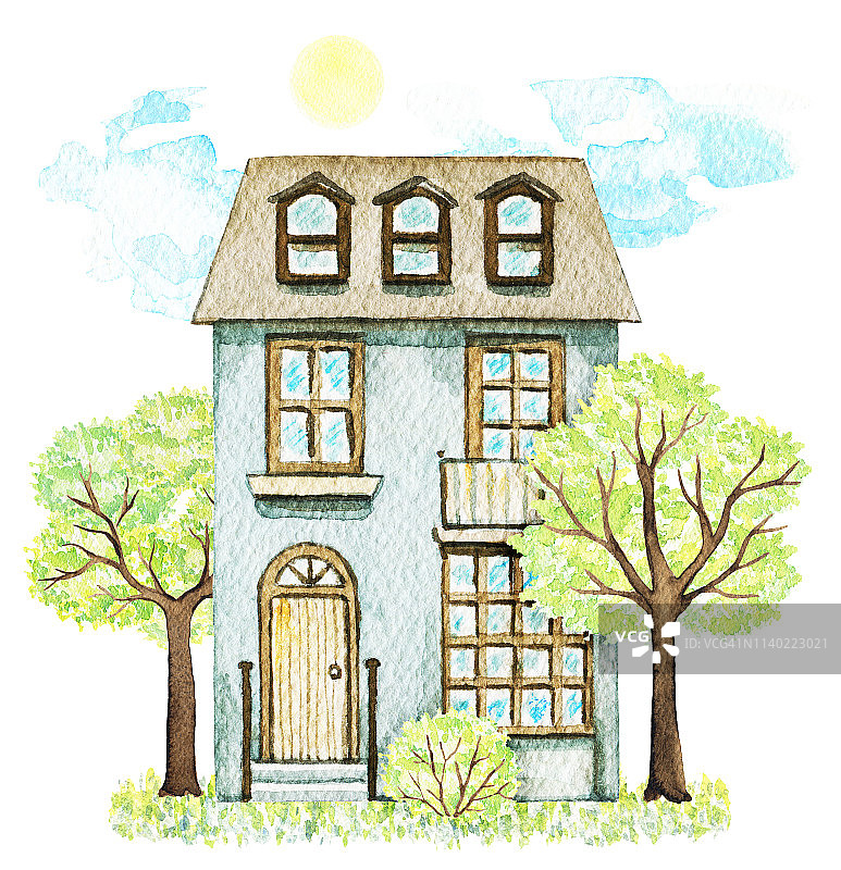 水彩灰色卡通可爱的两层小屋周围的景观图片素材