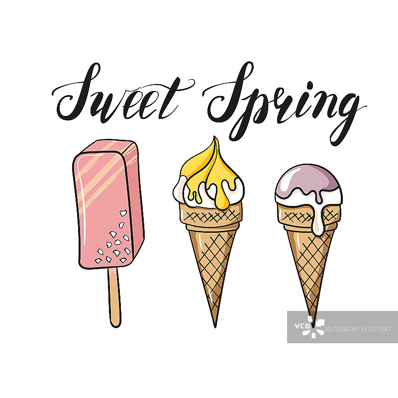 冰淇淋矢量插图颜色鲜艳。粉色、黄色、紫色、紫红色、香草、柠檬冰淇淋、甜筒冰淇淋、冰棒和爱斯基摩派图片素材