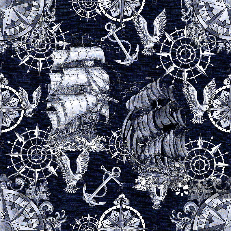 无缝模式与旧帆船，锚，海鸥和航海罗盘上的蓝色图片素材