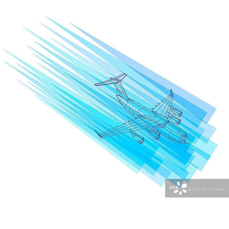 飞行飞机的背景。图标与一个飞行的飞机和蓝色线的轮廓。矢量图图片素材