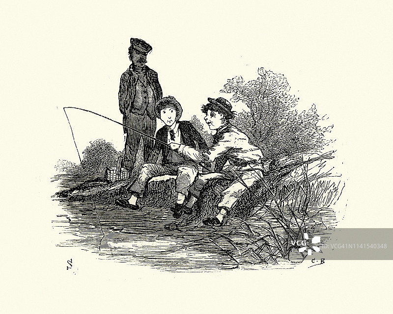 19世纪维多利亚时期，河里钓鱼的男孩图片素材