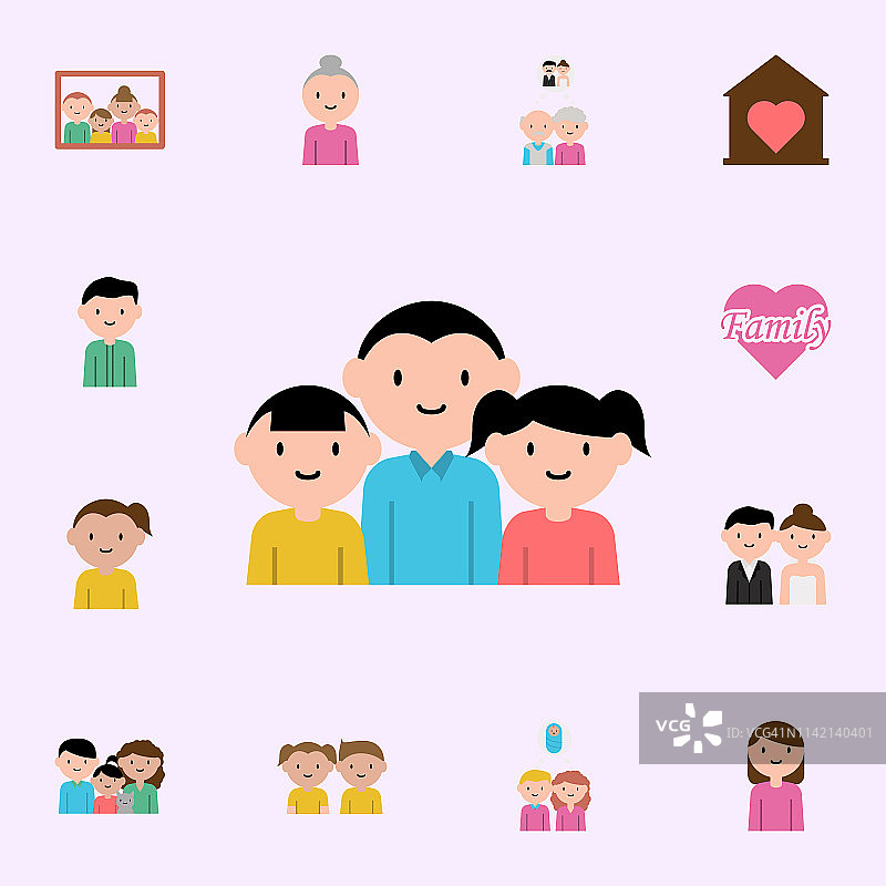 女儿，儿子，父亲卡通偶像。家庭图标通用设置为网络和移动图片素材