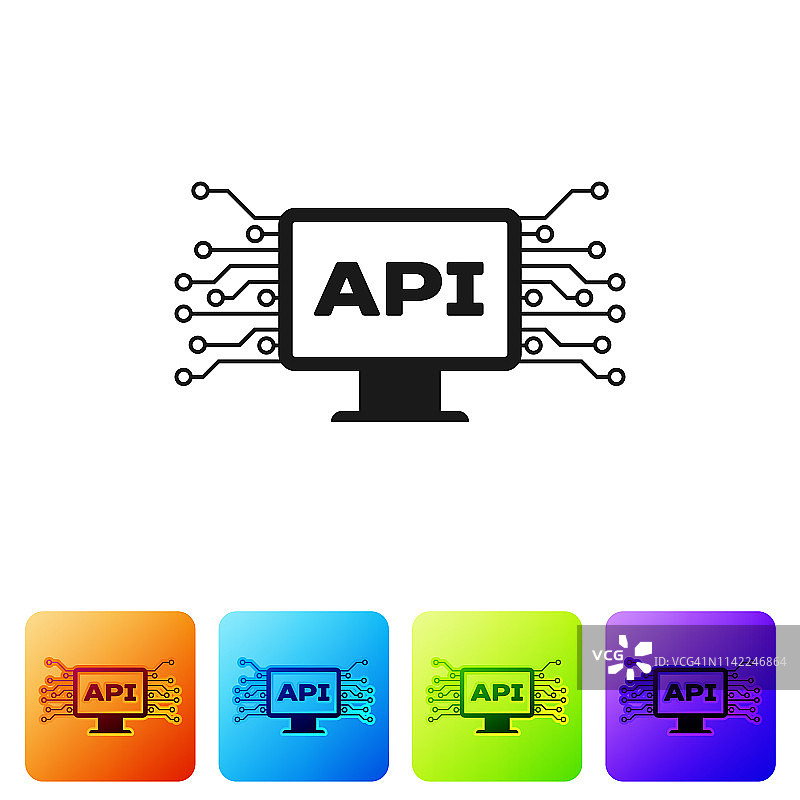 黑色的计算机api接口图标隔离在白色背景上。应用编程接口API技术。软件集成。设置图标在颜色方形按钮。矢量图图片素材