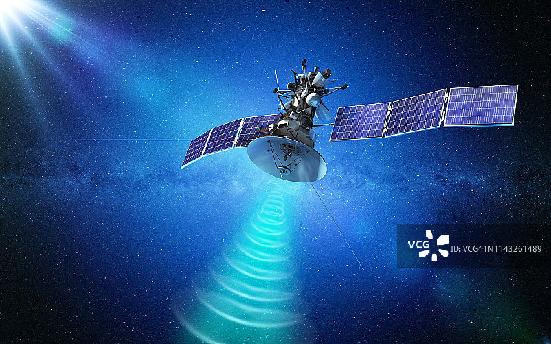 在太空中发射信号的通信卫星。三维渲染图片素材