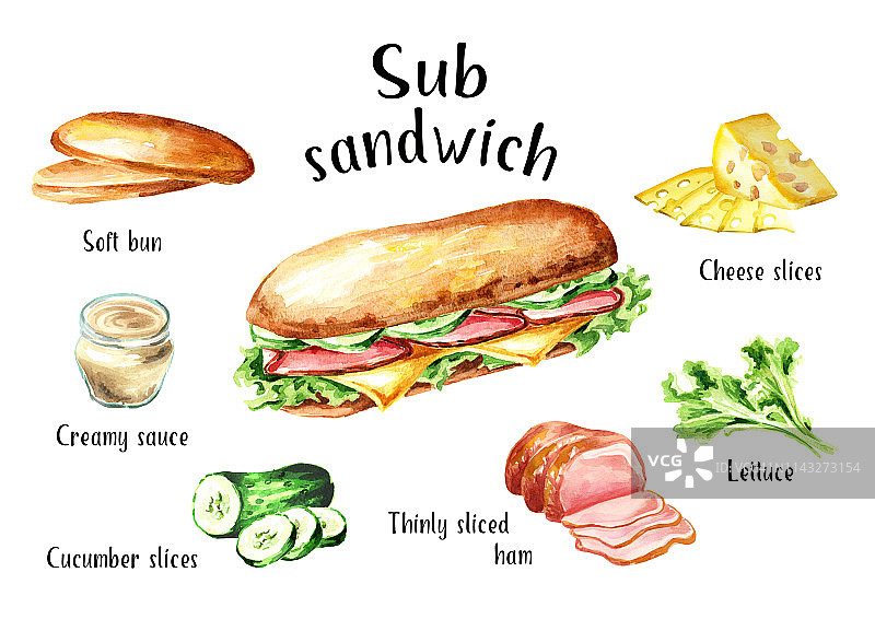 三明治与火腿，奶酪和蔬菜配料集。水彩手绘插图，孤立的白色背景图片素材