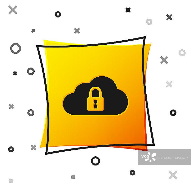 黑云计算锁定图标隔离在白色背景上。安全、安全、保护的理念。黄色正方形按钮。矢量图图片素材
