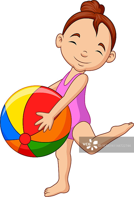卡通快乐的女孩拿着一个沙滩球图片素材