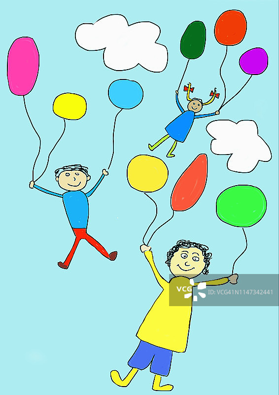 孩子们画的三个快乐的孩子拿着气球飞走了图片素材