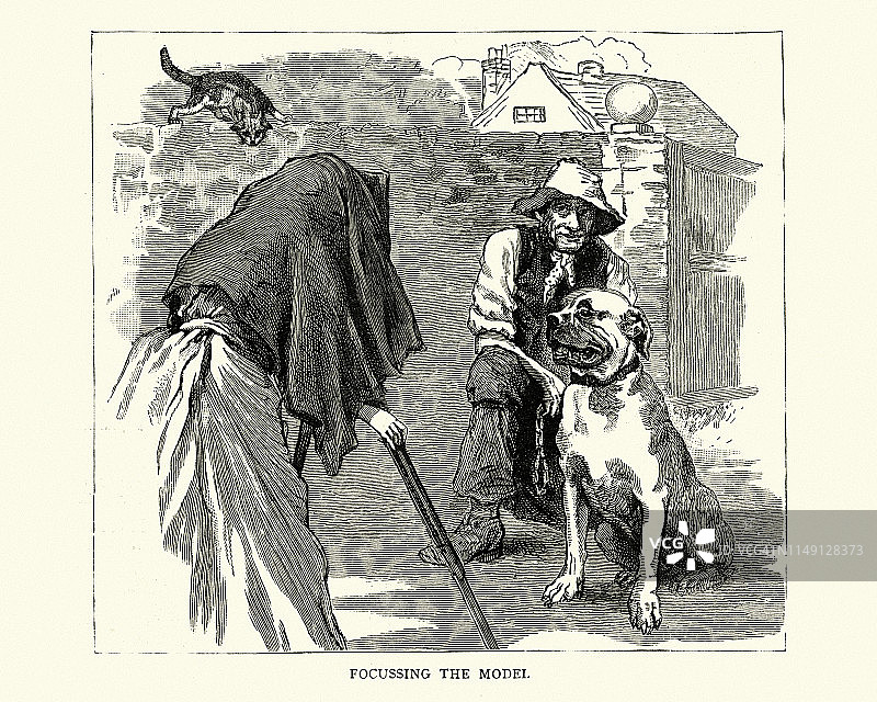 维多利亚时代的女摄影师正在拍摄男人和狗的照片图片素材