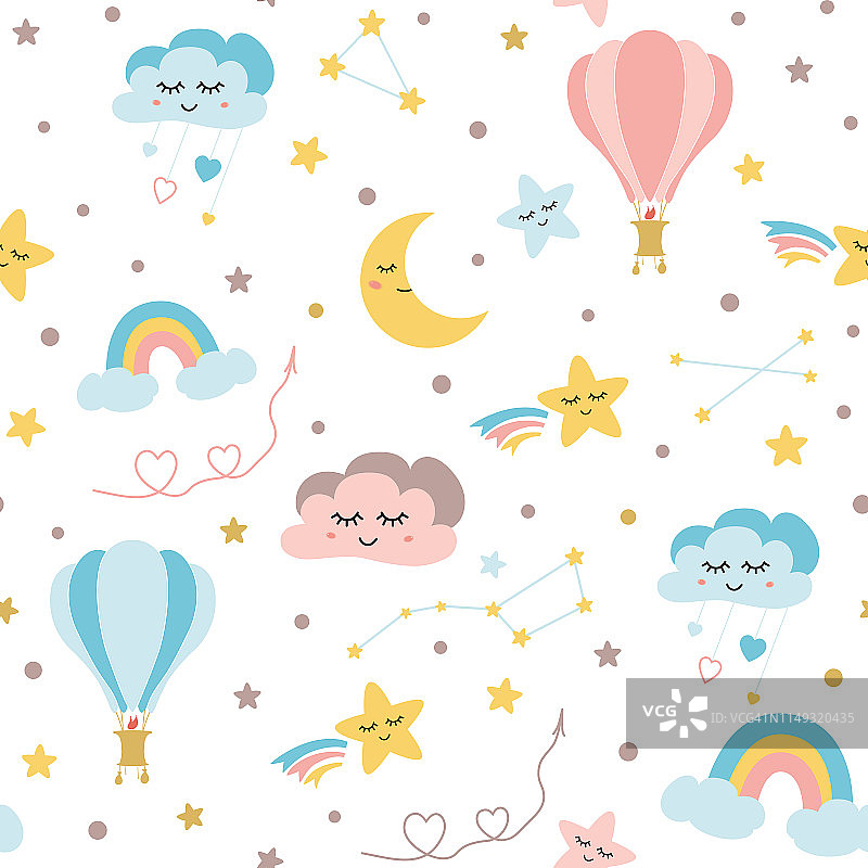 无缝婴儿图案天空元素月亮云彩虹热气球星星儿童纹理矢量图片素材