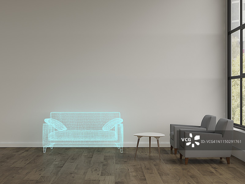 3D渲染，现代客厅沙发和扶手椅的全息图图片素材