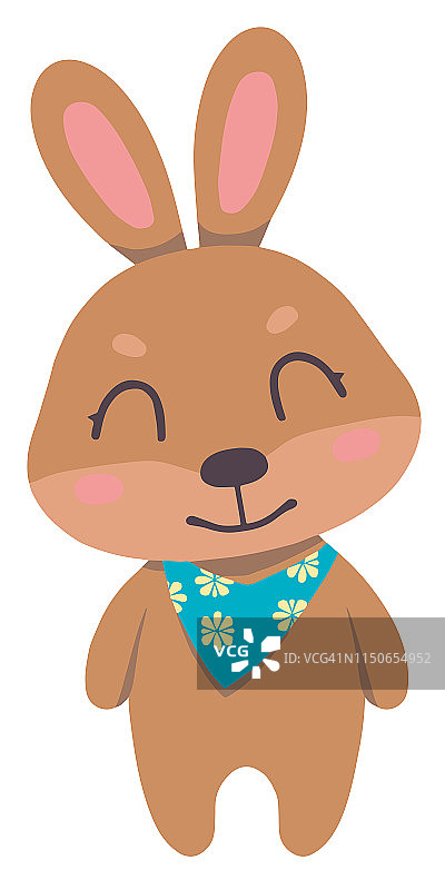 可爱的卡通矢量画微笑站棕色兔子与蓝色春天花围巾图片素材