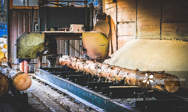 锯木厂。锯木机加工原木的过程是在锯树干图片素材