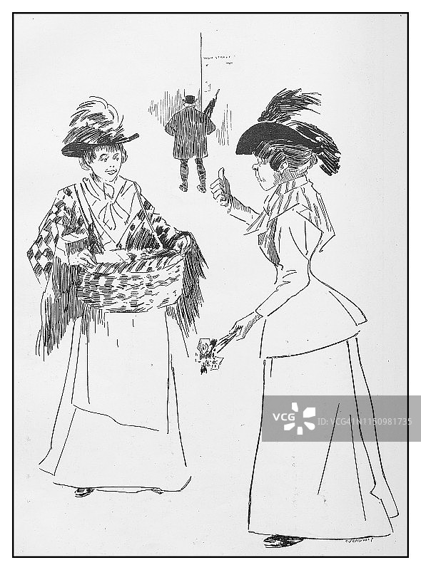古董插图:两个女人在街上聊天图片素材
