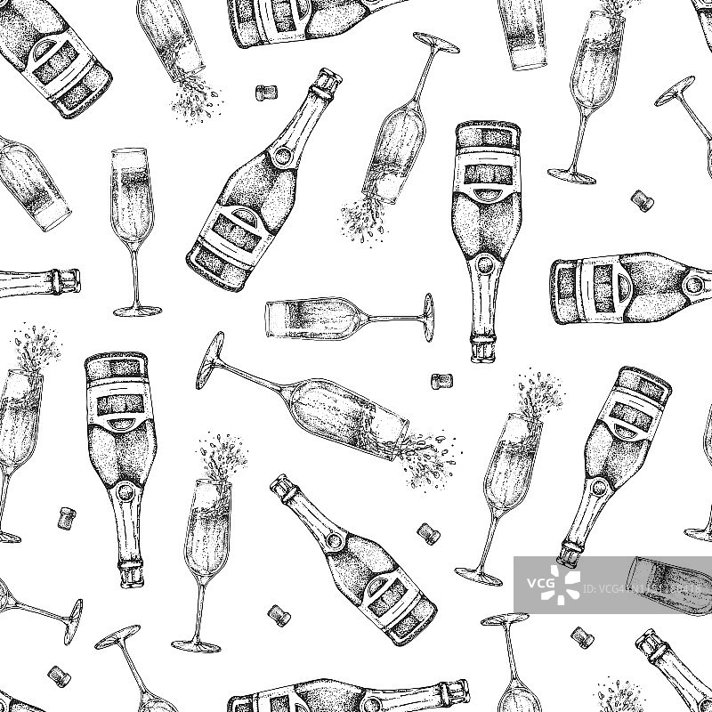 无缝图案手绘香槟瓶，香槟玻璃和软木塞图片素材