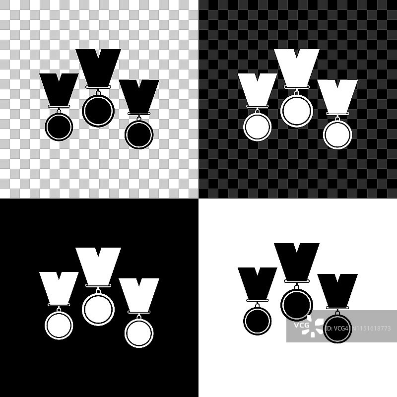 奖牌设置图标隔离在黑色，白色和透明的背景。赢家辛博尔。矢量图图片素材