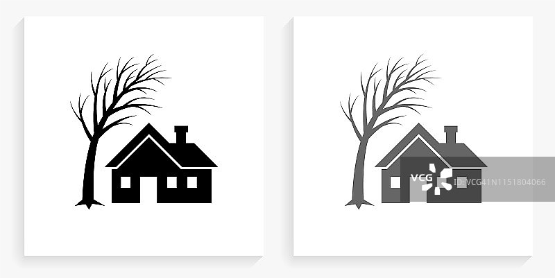 房子和树黑白方形图标图片素材