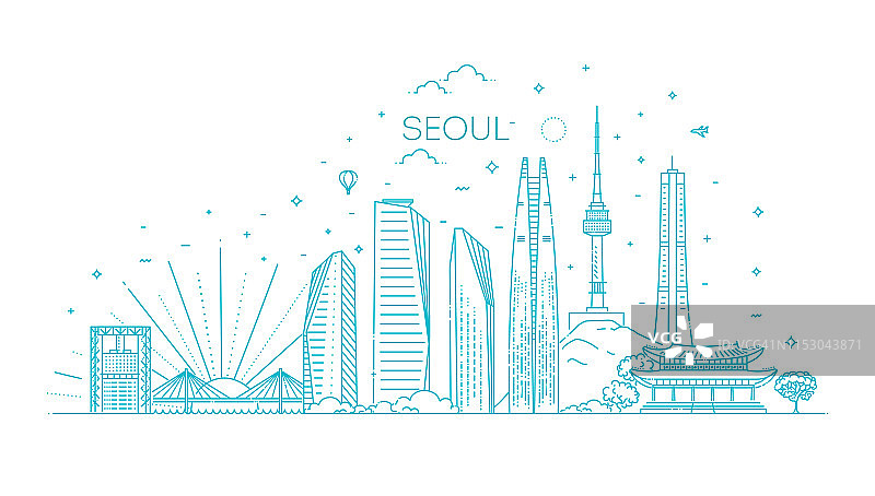 首尔建筑线天际线插图。线性向量的城市景观与著名的地标图片素材