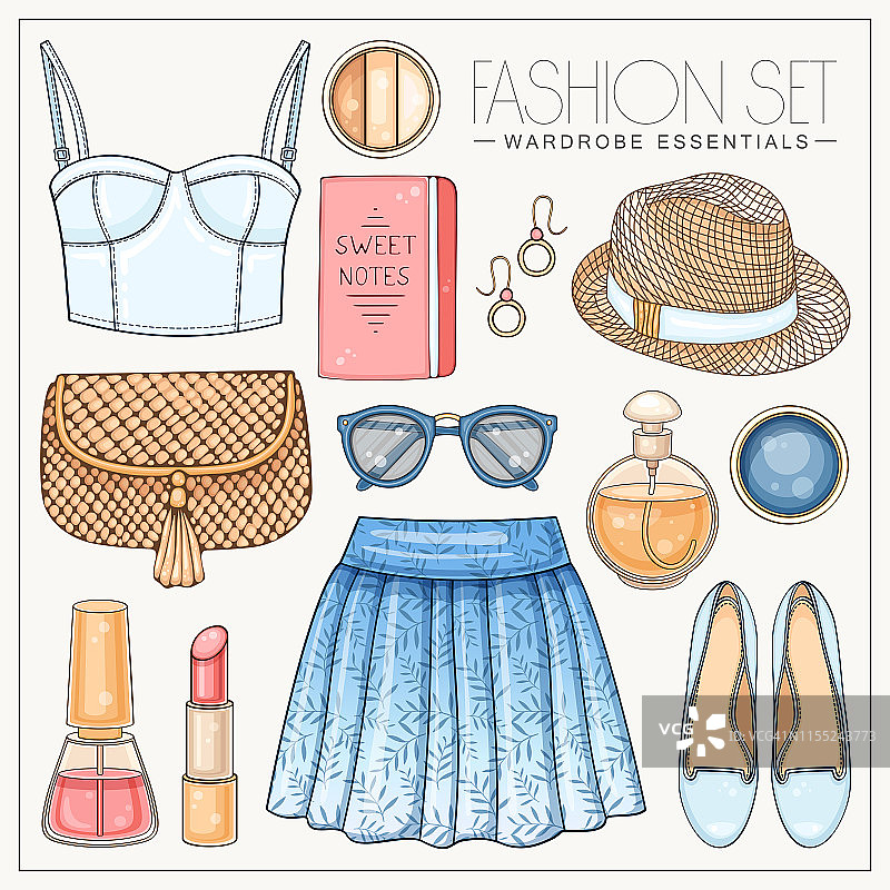 女性时装夏季设置胸衣，手袋，裙子，太阳镜和帽子图片素材