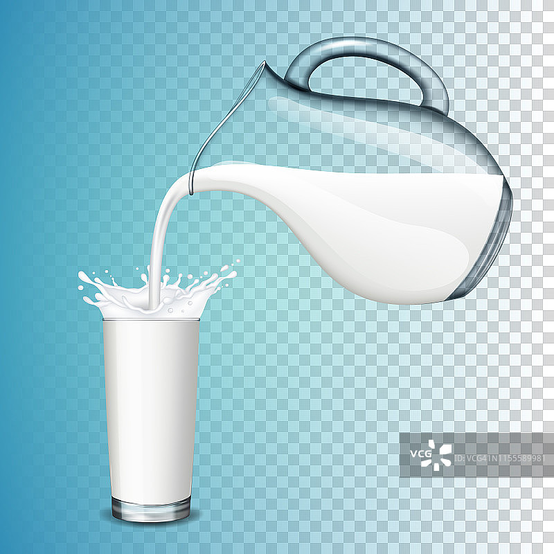 壶和杯牛奶与飞溅，孤立的蓝色背景。图片素材