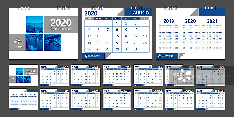 2020日历设计模板周从周日开始。图片素材